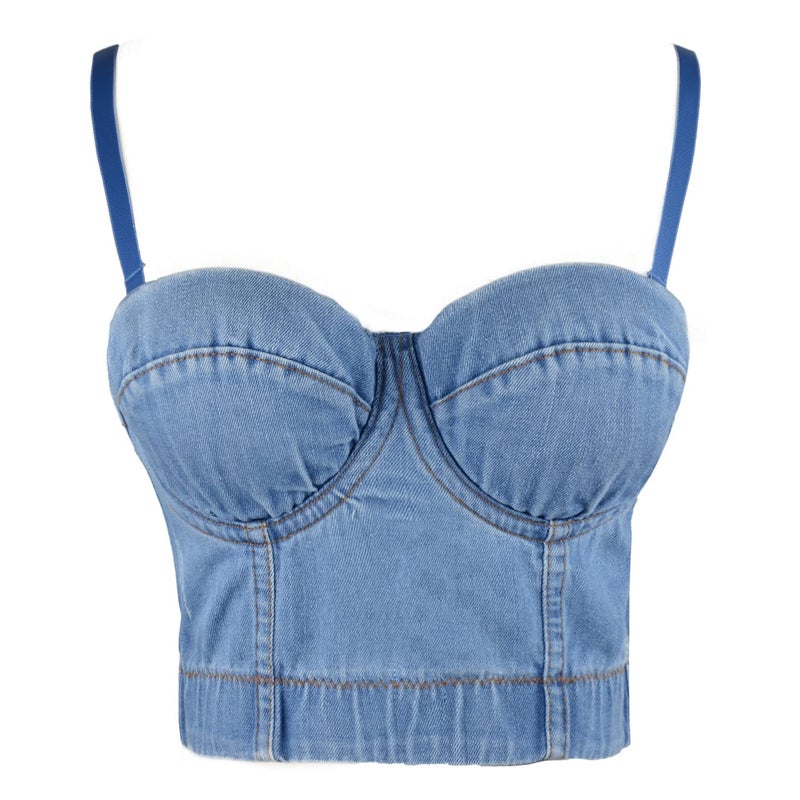 ELLACCI Women's Denim Bustier Crop Top Jean Corset Top Bra with Detachable Straps Small - Image 2